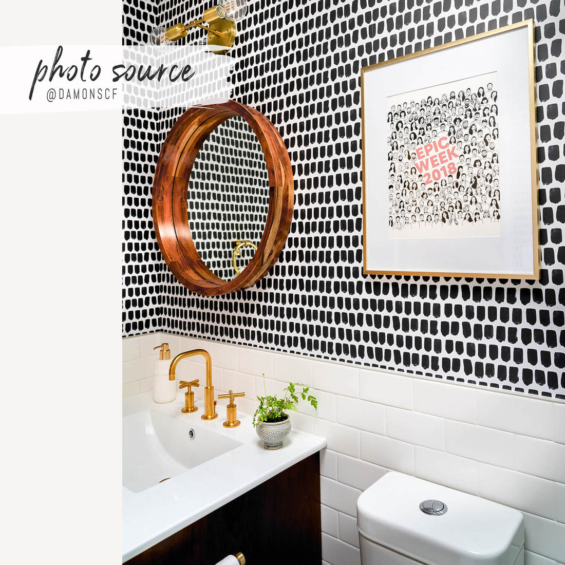 modern powder room interior with black and white watercolor removable wallpaper