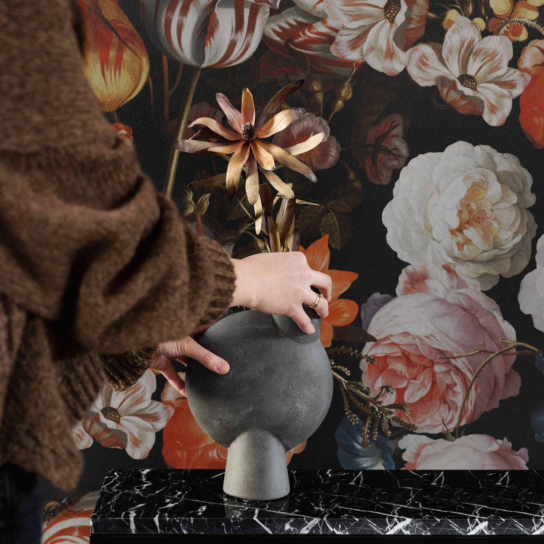 modern vintage floral design wallpaper with black marble console table and fall decor