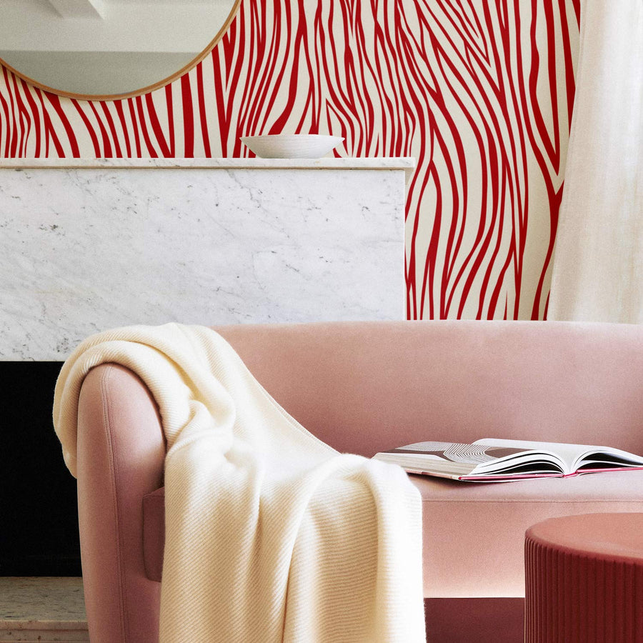 modern vintage style living room interior with zebra wallpaper