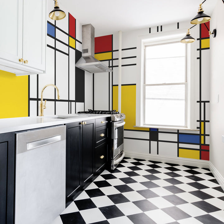 geometric shapes print wall mural for bright kitchen interior