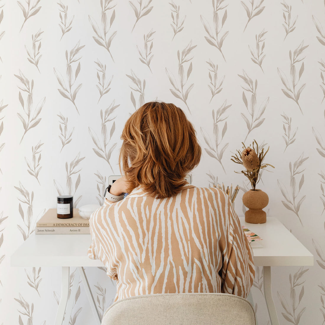 neutral color botanical foliage wallpaper for scandinavian inspired home office