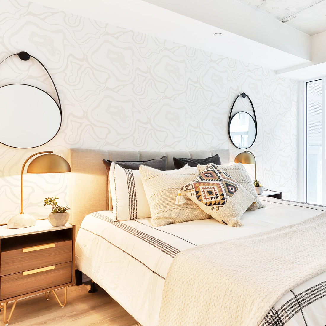 minimalist pastel abstract wallpaper in bedroom interior design