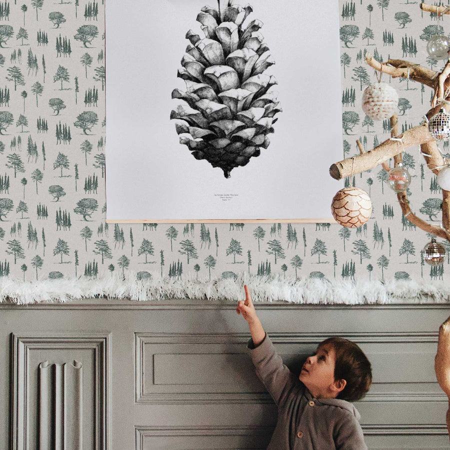 nordic design kids room wallpaper with forest pattern