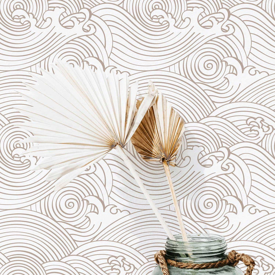 asian inspired wave pattern wallpaper in beige color