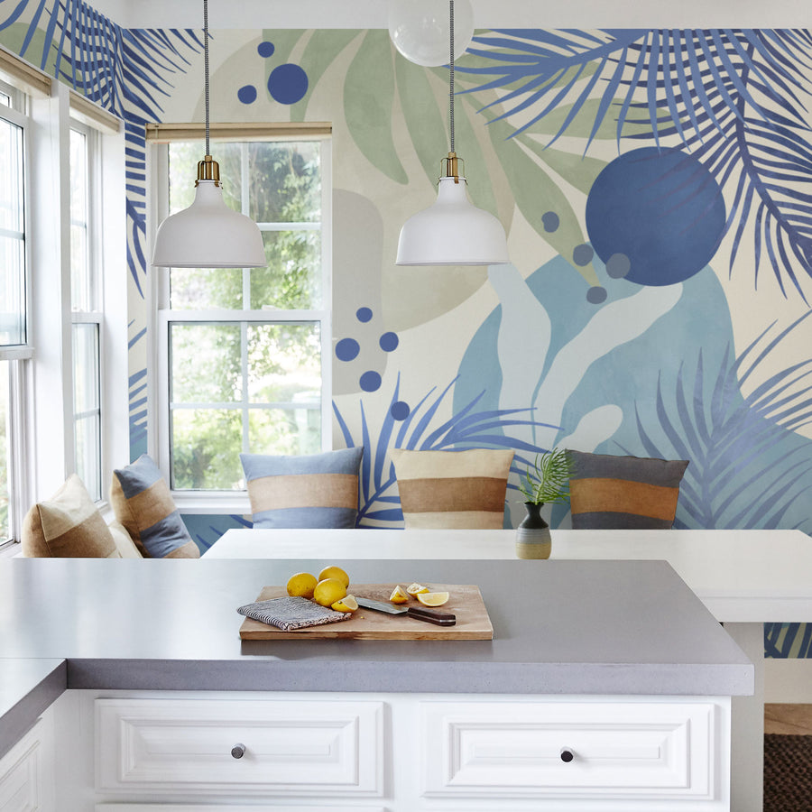 Oversized ocean theme wall mural in coastal farmhouse kitchen interior
