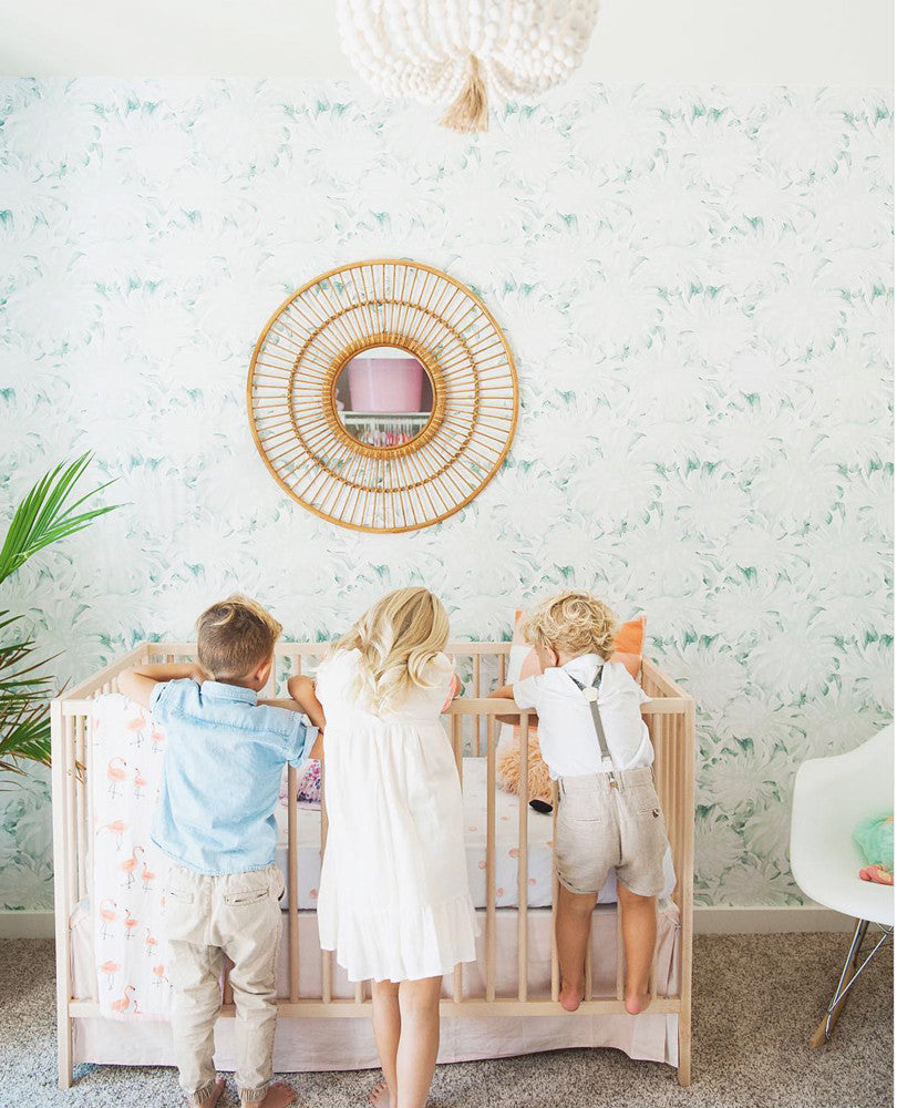 Palm monstera leaves wallpaper for baby kids nursery interior