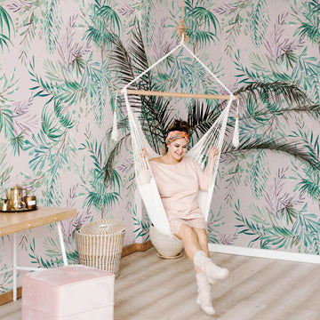 Modern tropical boho bedroom interior with blush pink removable wallpaper