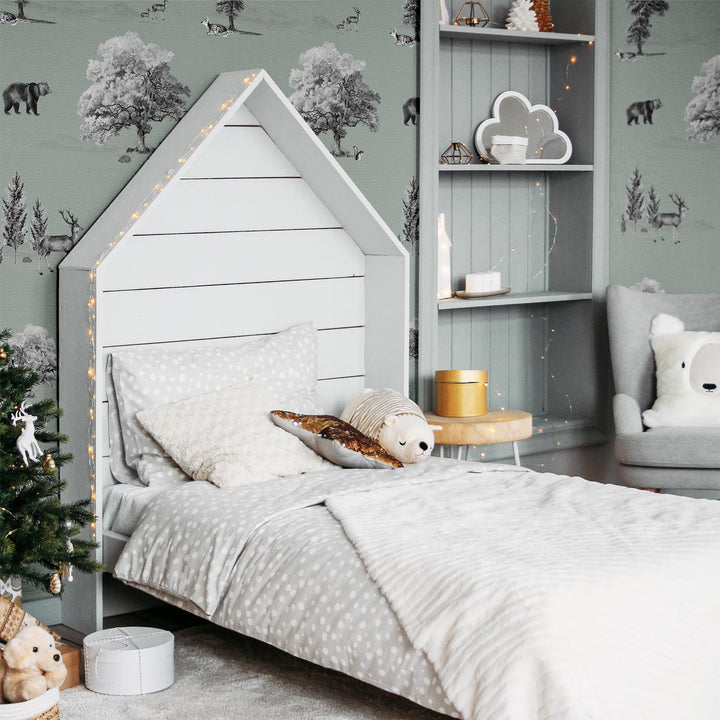 green nature inspired wallpaper design for kids bedroom with animals
