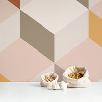 geometric cube pattern wallpaper in pastel colors for modern kitchen interior