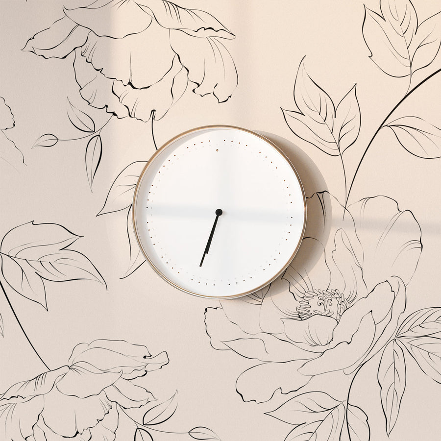 pink peonies inspired wallpaper design for office space with clock