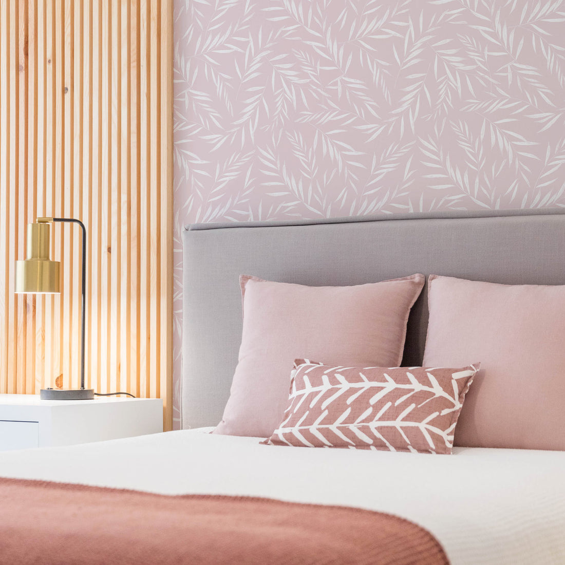 pink modern design girls bedroom with botanical removable wallpaper