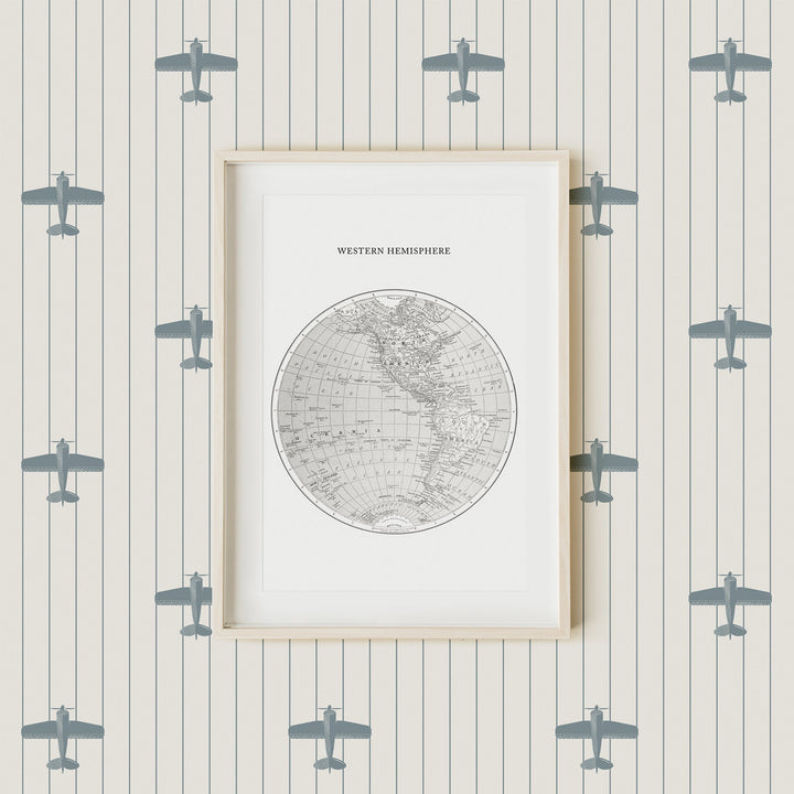retro style boys room wallpaper with tiny planes in blue