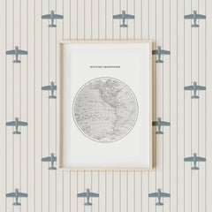 retro style boys room wallpaper with tiny planes in blue