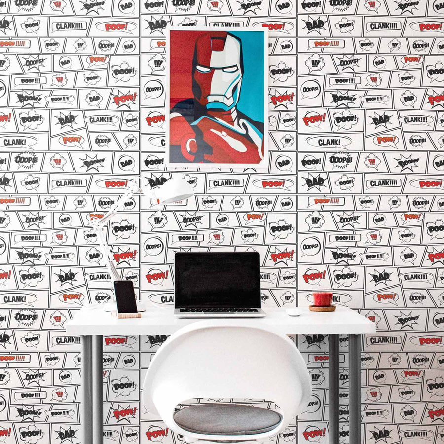 bright red comical phrase print wallpaper for kids study room
