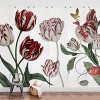 Dutch floral wall mural with antique red tulips in feminine living room interior