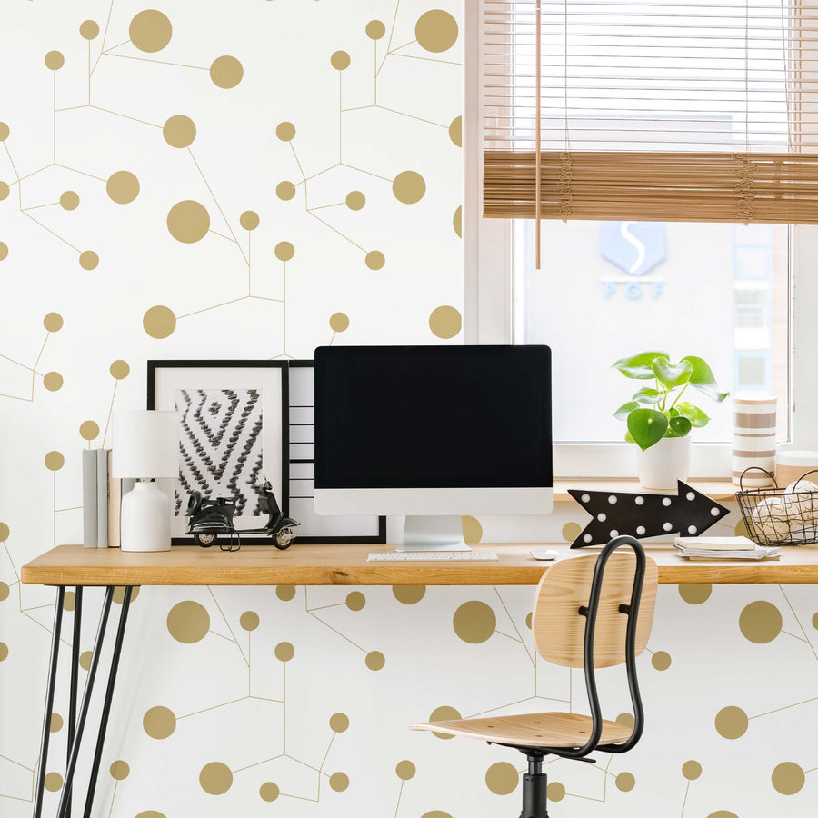 faux gold constellation inspired wallpaper design for home office