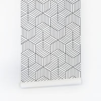 geometric cube pattern wallpaper for kids room in soft grey color