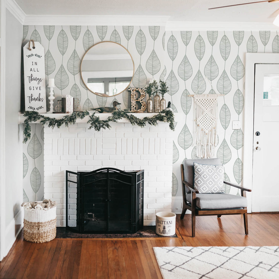 soft boho design farmhouse living room with botanical leaves removable wallpaper