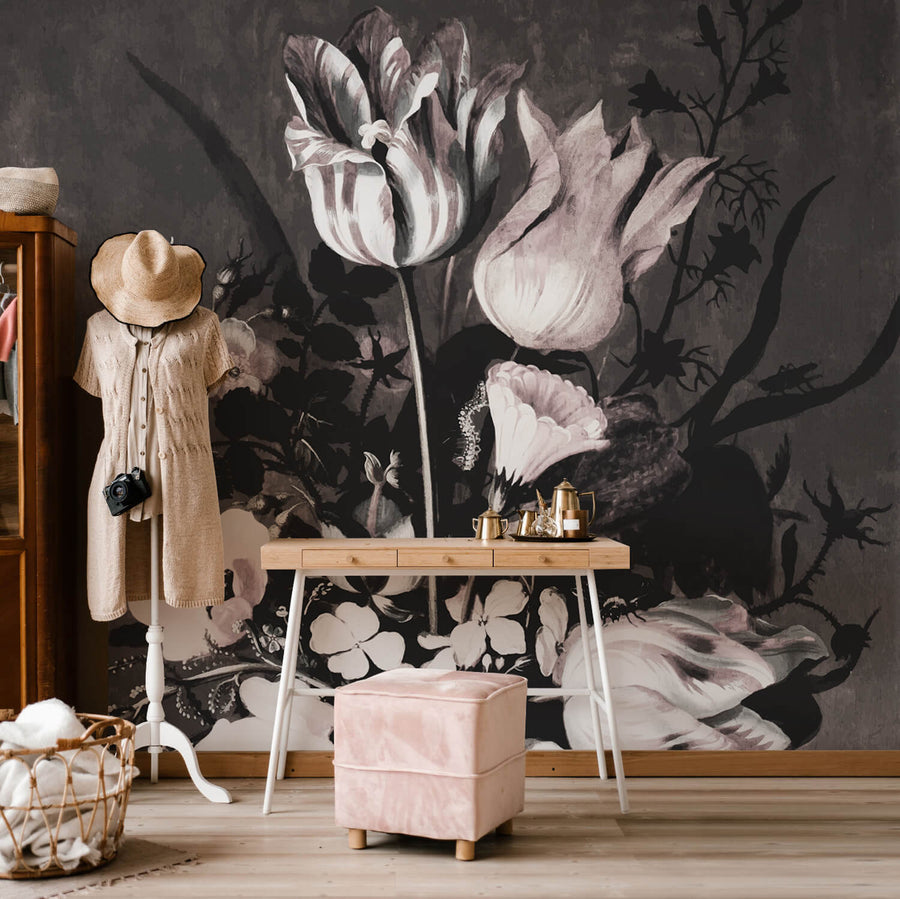 vintage pink and grey floral removable wallpaper for dressing room