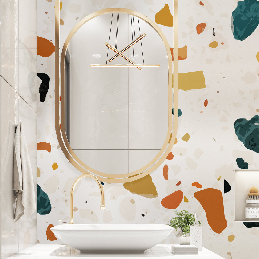 colorful terrazzo print wallpaper for bathroom interior