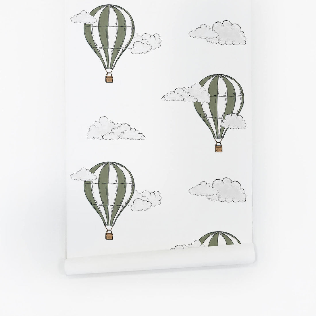 Khaki green removable wallpaper with hot air balloon design in watercolor technique