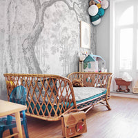 Eclectic vintage style kids bedroom interior with forest design removable wallpaper wall mural