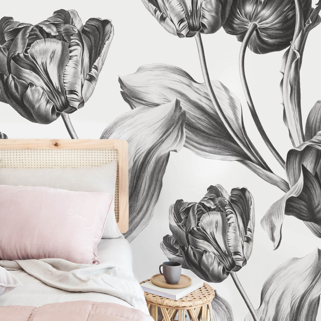 Grey floral wall mural with dutch tulips in pastel pink bedroom interior