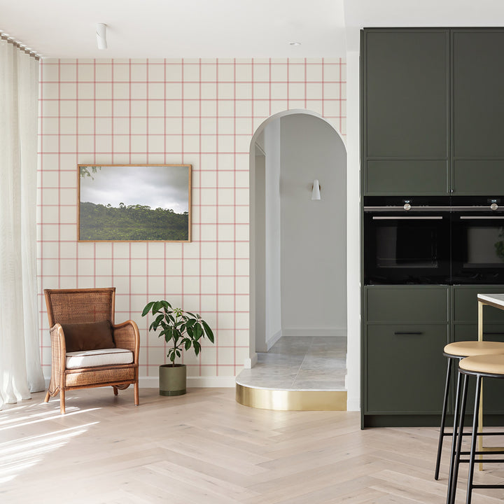 vintage chic kitchen interior with red plaid removable wallpaper