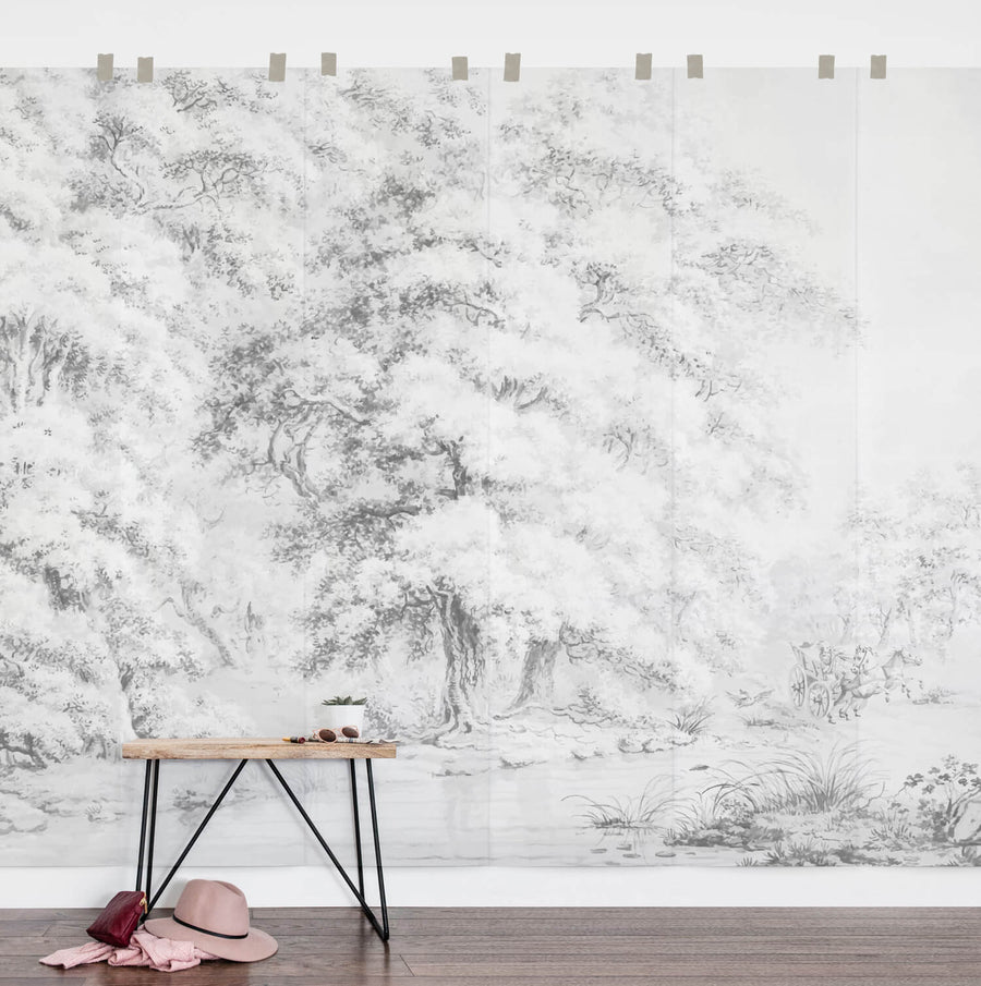 Vintage magical forest wall mural in soft grey for gender neutral nursery interior