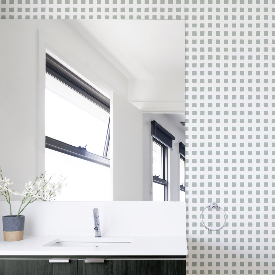 light green gingham inspired removable wallpaper for bathroom interior