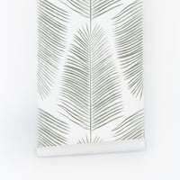 light green modern farmhouse style palm leaves wallpaper design