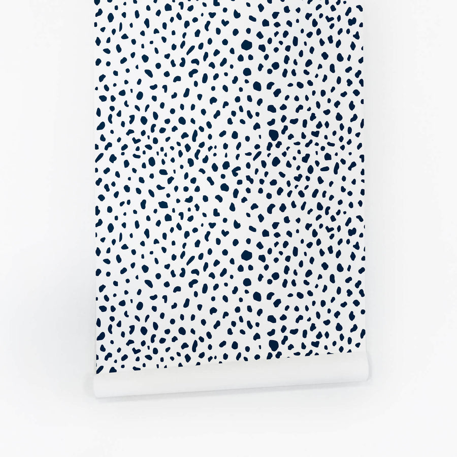 white removable wallpaper with navy tiny spots print for kids bedroom interior