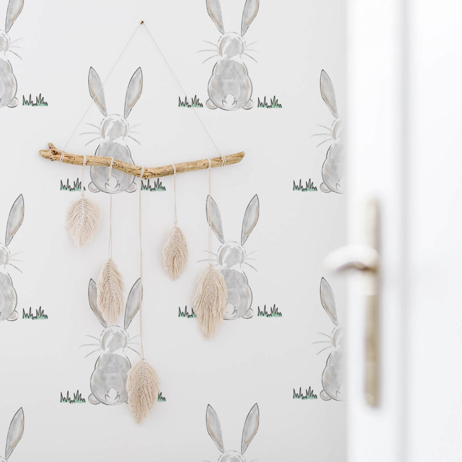 painted grey tiny bunny print removable wallpaper for nursery interior
