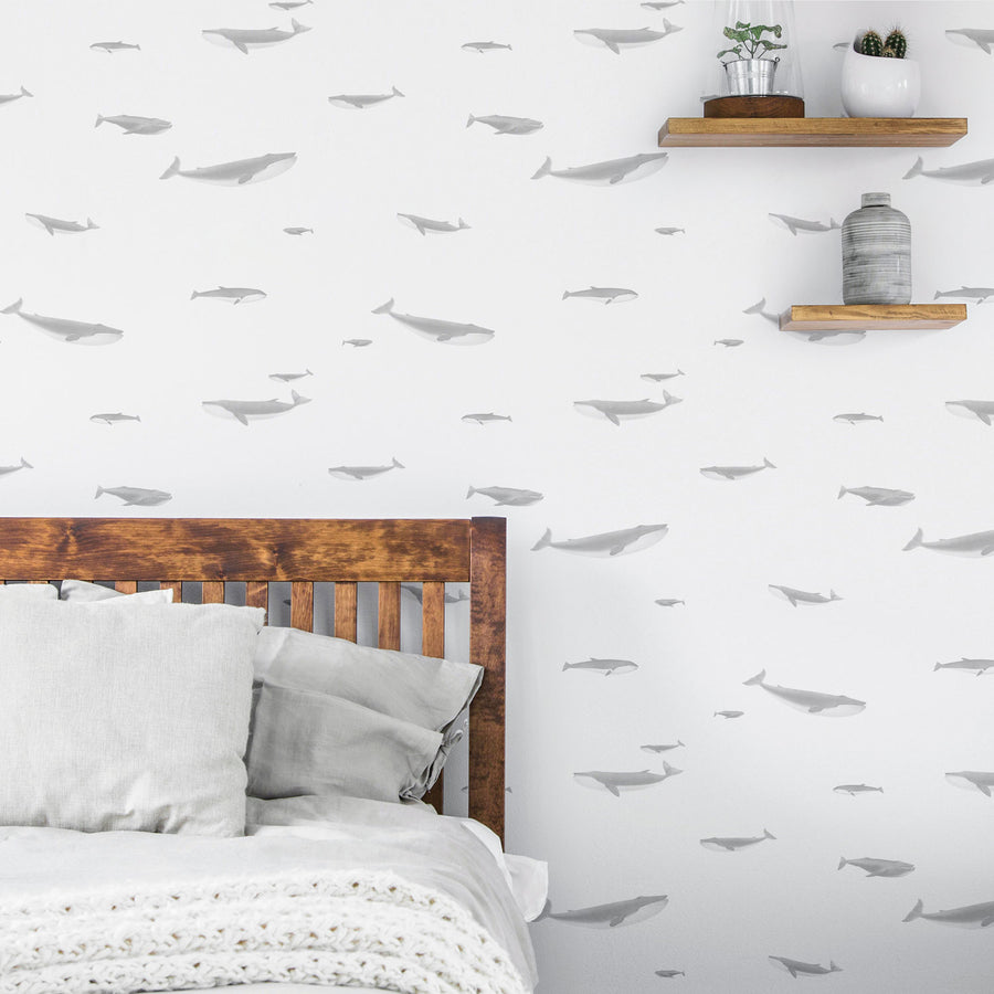 whale removable wallpaper in grey for kids bedroom interior