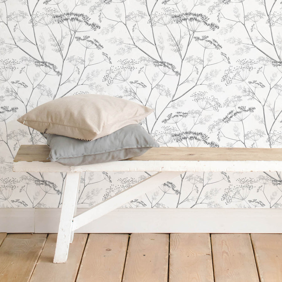 white farmhouse interior with grey wildflower removable wallpaper