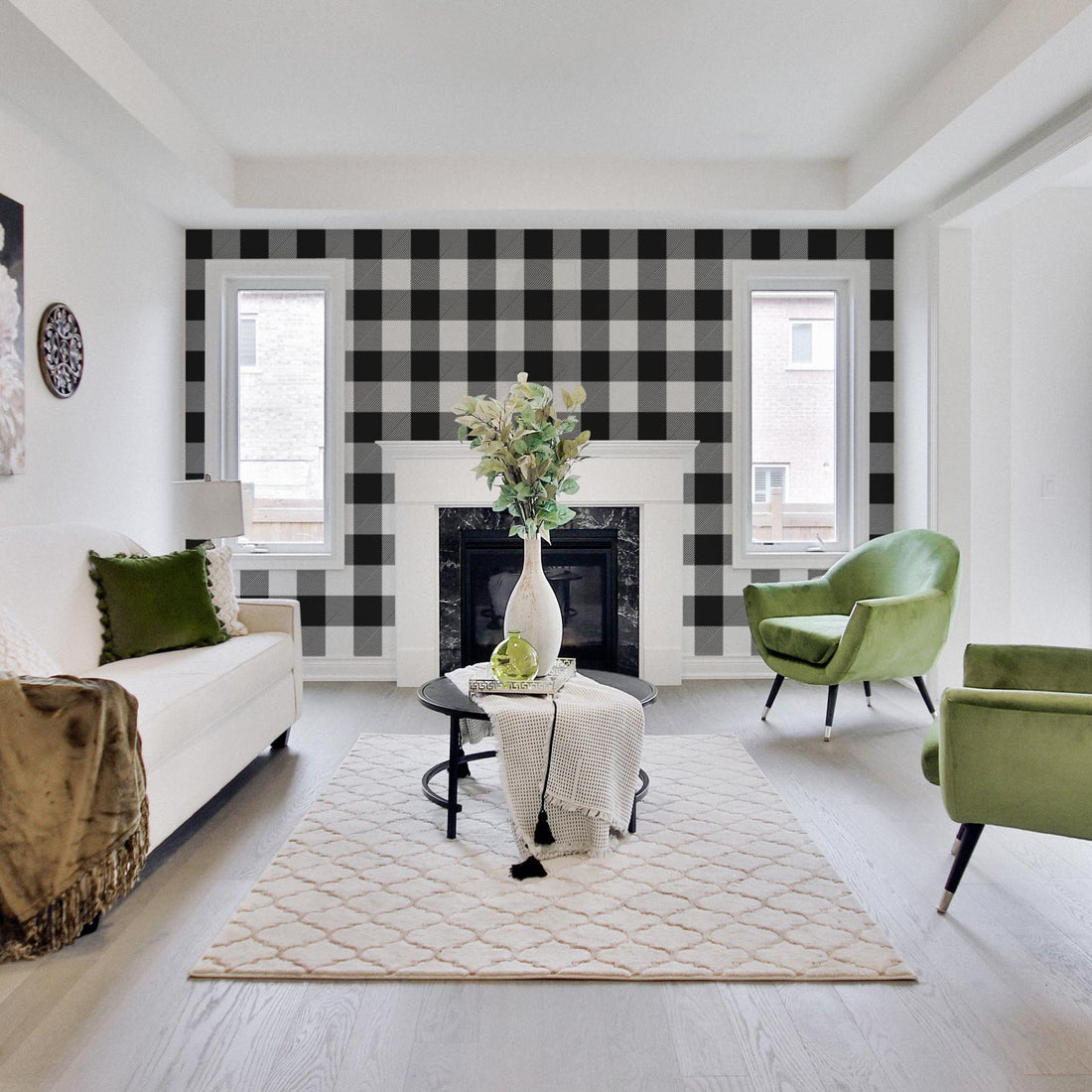 neutral living room interior with black and white checkered removable wallpaper