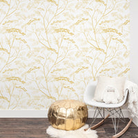 bohemian nursery room wallpaper with yellow meadow print design