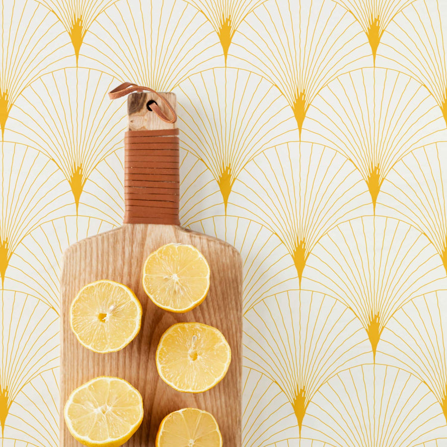 Yellow scallop design wallpaper in kitchen interior