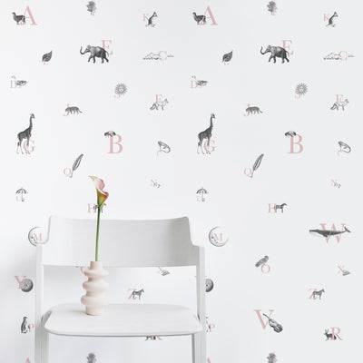 Pink alphabet pattern wallpaper with illustrations