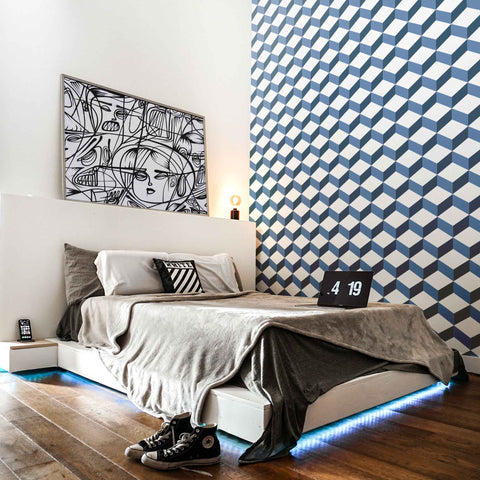 Carta da parati con design a cubo blu