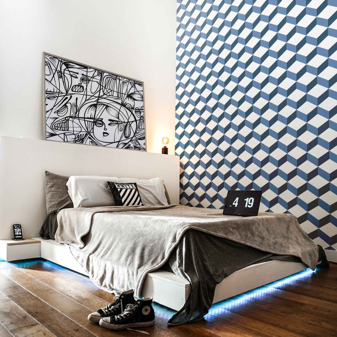 navy denim color geometric wallpaper for teen boys bedroom interior