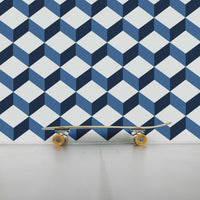 cube pattern wallpaper in navy blue for teen boys bedroom with skateboard 