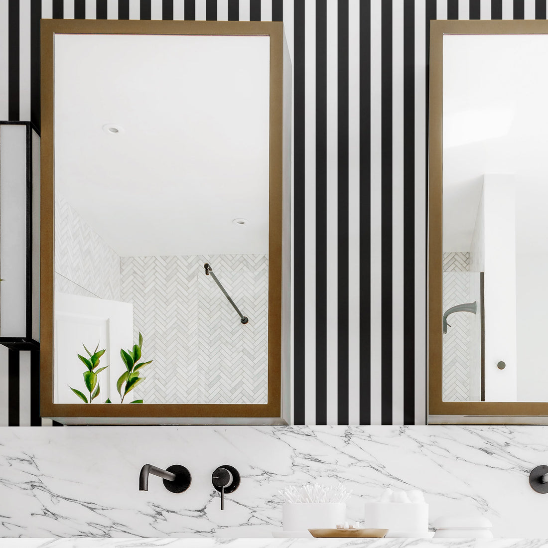 Vertical black and white stripes removable wallpaper in modern bathroom interior