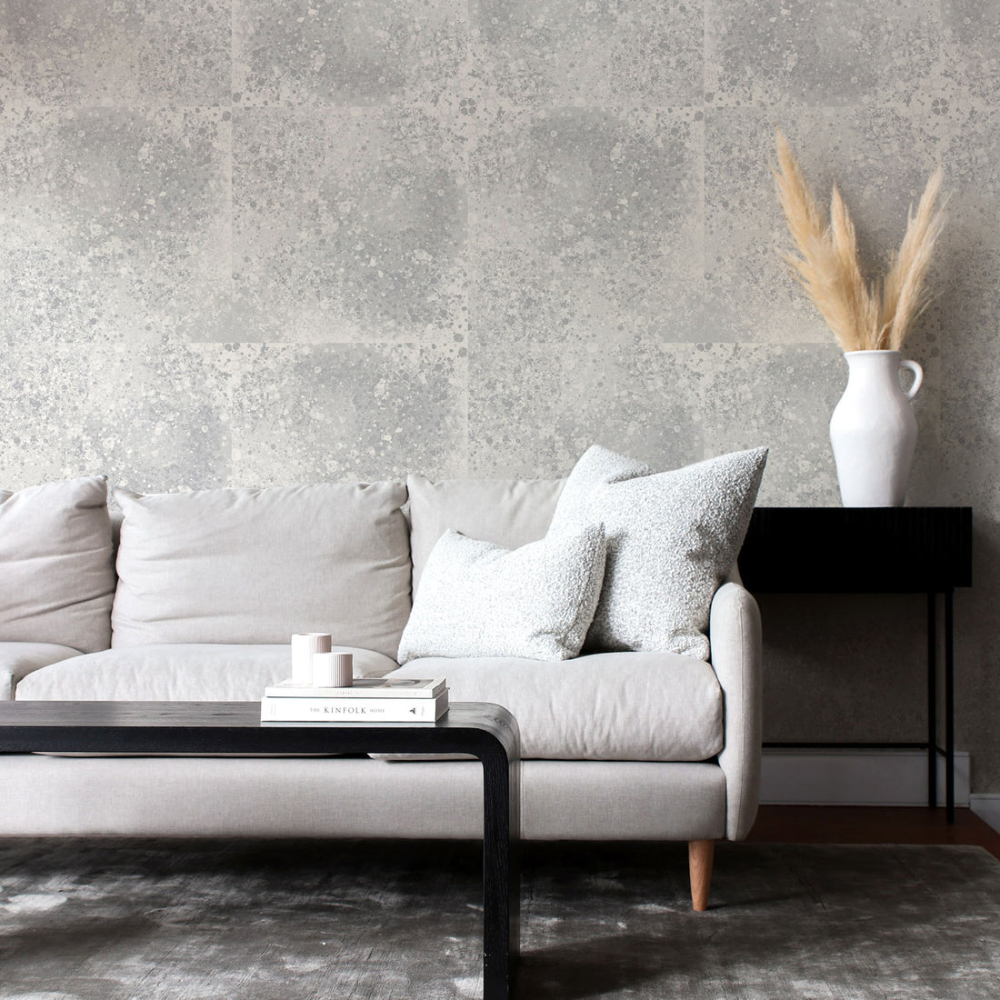 large tiles inspired grey wallpaper for living room interior