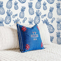 blue tropical print wallpaper for boys bedroom with pineapple pattern