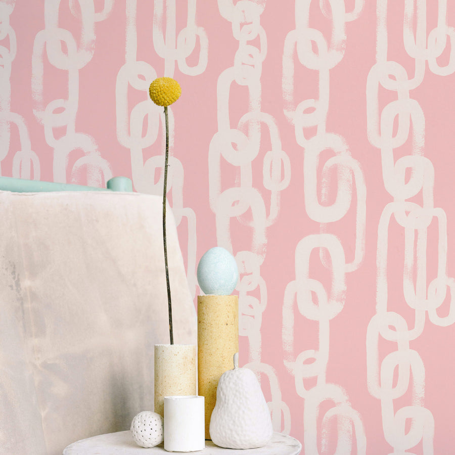 pastel pink chain inspired wallpaper design for living room