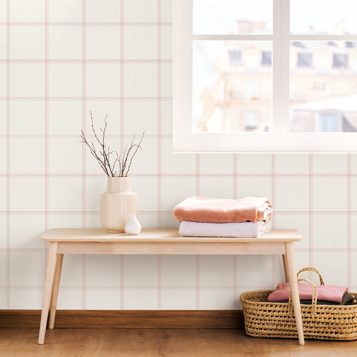 bohemian inspired entryway design with pink squares