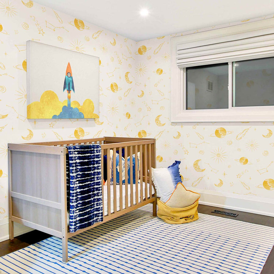 yellow planet print removable wallpaper for little boys room interior
