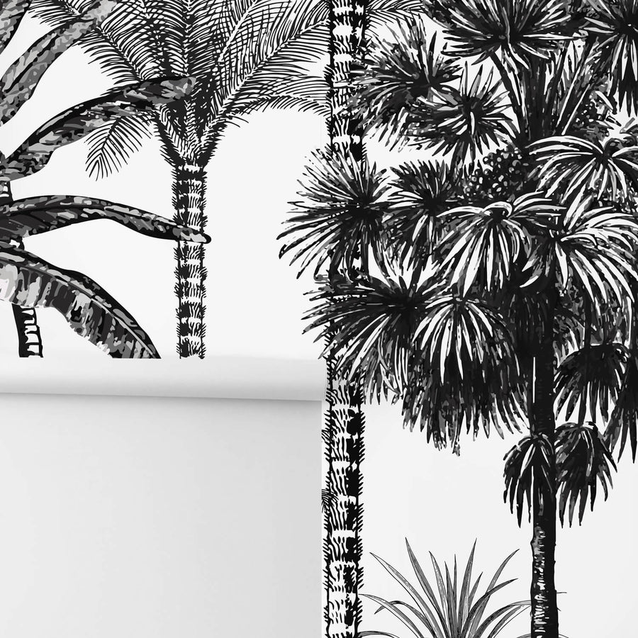 Exotic black and white tropical wallpaper