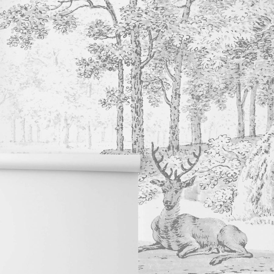 Grey forest removable wallpaper with deer, vintage flora and fauna wall decor